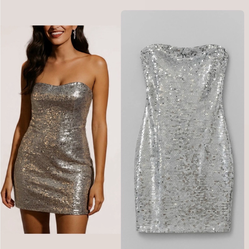 GB Silver Sequin Strapless Mini Dress
Sizes M, L